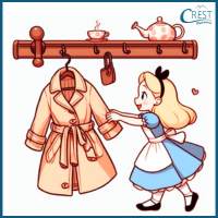 Preposition - Girl hanging her coat on the hook on the wall
